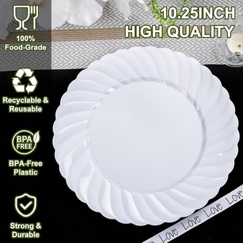 U-QE 60 Count White Plastic Plates - 10.25inch Plastic Disposable Plates for Party - White Dinner Plates Disposable Heavy Duty for Weddings, Parties, Birthdays, Celebrations, Travel and Events - color: 10Inch-60pcs-White