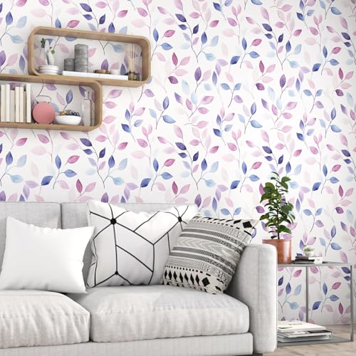 Boho Colofrul Leaf Peelable Wallpaper, Farmhouse Small Leaves Floral Self Adhesive Removable Wallpapers for Bedroom Kitchen Cabinet, Vinyl Casual Cottage Contact Paper 17.5In x 118In Navy Red - color: White/Indigo, size: 17.5" x 118"