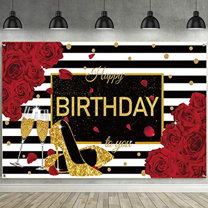 Sumind Happy Birthday Backdrop Red Glitter Roses Party Decor Black White Stripes Banner Gold High Heels Champagne Glass Photography Background for Women Birthday Party Supplies, 72.8 x 43.3 Inch
