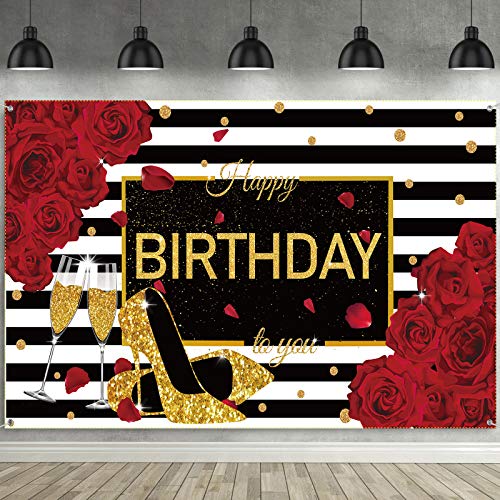 Sumind Happy Birthday Backdrop Red Glitter Roses Party Decor Black White Stripes Banner Gold High Heels Champagne Glass Photography Background for Women Birthday Party Supplies, 72.8 x 43.3 Inch