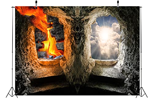 BELECO 20x10ft Fabric Stairs to Heaven and Hell Photography Backdrop Angels and Devils Vintage Stone Cave Gate Background Jesus Christ Religious Church Event Bible Story Halloween Party Decor Photo - size: 20x10FT
