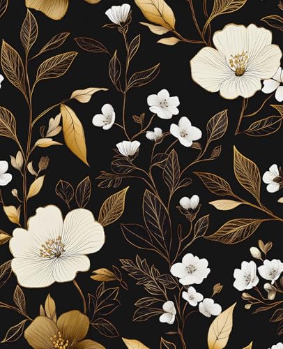Fvlow Vintage Dark Gold Floral Peel and Stick Wallpaper Waterproof Contact Paper, Self Adhesive Vinyl for Living Room Bedroom Bathroom, Removable Wall Covering Furniture Decor, 17.4" x 118" Boho Black - color: Black/White, size: 17.4" x 118"