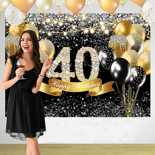 Sensfun Happy 40th Birthday Backdrop Black and Gold Birthday Party Decorations Glitter Balloons Photography Background for Men Womens Fabulous 40th Bday Sign Supplies Forty Years Old Cake Banner 8x6ft - color: Black and Gold Diamond 40 Birthday, size: 8X6