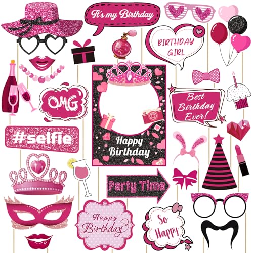 30 Pcs Pink Girls Birthday Photo Booth Props Kit - Hot Pink Princess Birthday Party Decoration Set with Real Glitter Cute Designs for Her, Funny Selfie Photo Booth Props for Kids Girls Any Bday Party