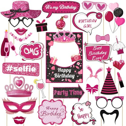 30 Pcs Pink Girls Birthday Photo Booth Props Kit - Hot Pink Princess Birthday Party Decoration Set with Real Glitter Cute Designs for Her, Funny Selfie Photo Booth Props for Kids Girls Any Bday Party