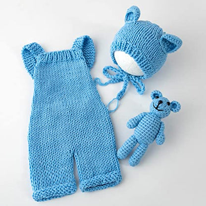 Newborn Photography Props Boys Girls Outfits Baby Photo Props Knit Bear Hat Romper Photoshoot Costume Set - color: Light Blue
