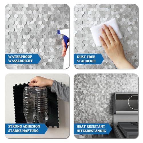 3D Metal Peel and Stick Backsplash for Kitchen,Mini Hexagon Tile Stickers Self Adhesive Wall Tiles Heat Resistant(8 Sheets,Silver) - color: Silver