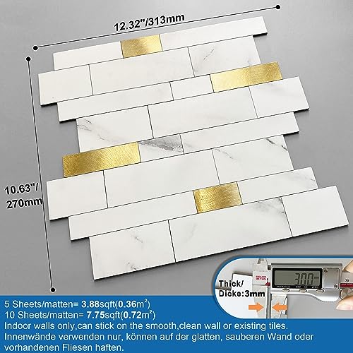 Backsplash Tile for Kitchen Peel and Stick Stone Matte Finish,Bathroom Tiles Stickers 3D Wall Panel Linear Mosaic Marble Backsplash Waterproof(10sheets,White Gold) - color: White Gold, size: 10sheets