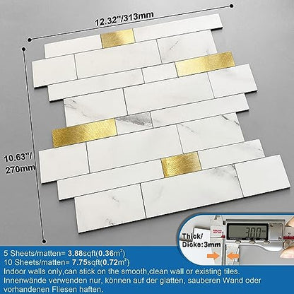 Backsplash Tile for Kitchen Peel and Stick Stone Matte Finish,Bathroom Tiles Stickers 3D Wall Panel Linear Mosaic Marble Backsplash Waterproof(10sheets,White Gold) - color: White Gold, size: 10sheets
