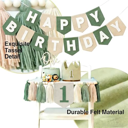 Sage Green 1st Birthday High Chair Decorations- First Birthday Banner Wild One Highchair banner 1st birthday boy with Tassels, Crown & One Cake Topper, Boho 1st Birthday Party Supplies photo props - color: Green