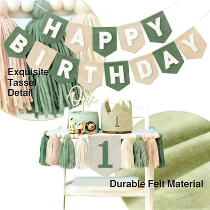 Sage Green 1st Birthday High Chair Decorations- First Birthday Banner Wild One Highchair banner 1st birthday boy with Tassels, Crown & One Cake Topper, Boho 1st Birthday Party Supplies photo props - color: Green