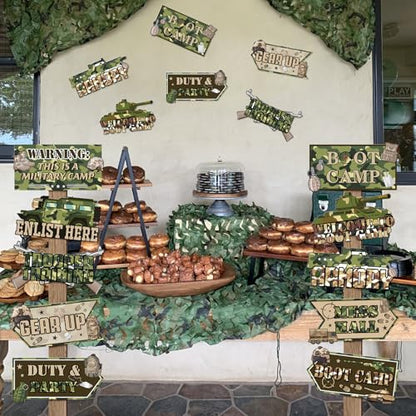 Hooqict 20 Pieces Army Party Sign Camouflage Military Birthday Party Decorations Directional Signs for Boys Men Camo Army Retirement Decorations Welcome to Boot Camp Party Supplies - style: Army