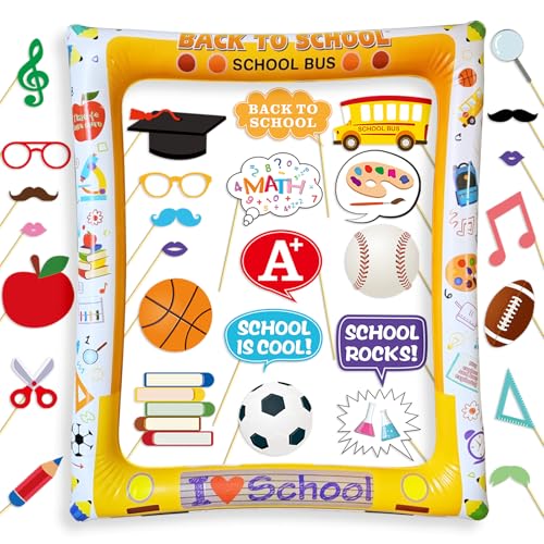 Back to School Party Photo Frame Inflatable, with 30 Pcs Photo Booth Props for First Day of School Welcome Classroom Party Decorations - color: Back to School
