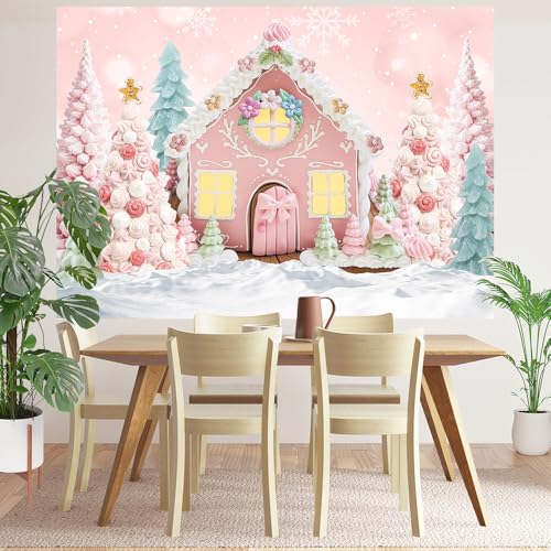 Christmas Pink White Cartoon Gingerbread House Backdrop 7x5ft Pink Winter Snowflake Merry Xmas Tree Photography Background Gingerbread Man Santa Party Decorations Banner Photo Studio Props