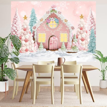 Christmas Pink White Cartoon Gingerbread House Backdrop 7x5ft Pink Winter Snowflake Merry Xmas Tree Photography Background Gingerbread Man Santa Party Decorations Banner Photo Studio Props
