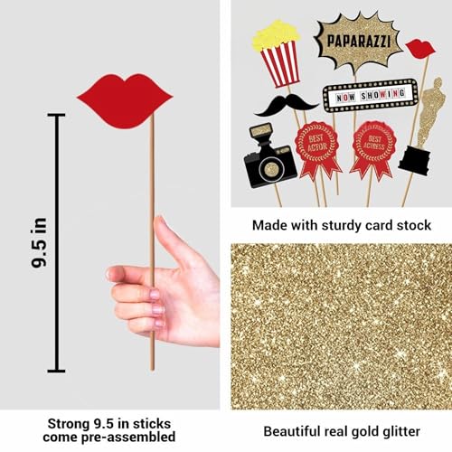 Fully Assembled Hollywood Photo Booth Props - Set of 27 - Black Gold Red Selfie Signs - Movie Night Themed Party Supplies & Decorations - Cute Oscars Designs with Real Glitter - Did We Mention No DIY - size: 27 Pieces