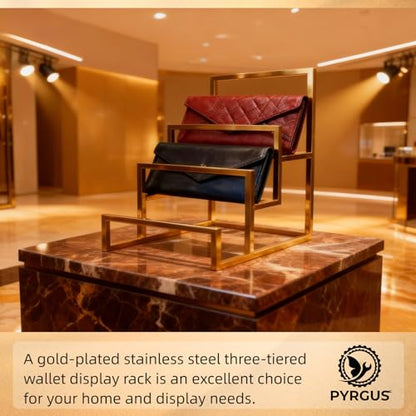 2 Pack Gold 3-Layer Purse Display Stand, Metal Wallet Display Rack for Clutch Handbag Organizer, Tiered Purse Holder Riser Stand for Countertop Home Retail Boutique Store Supplies - size: 3 - Layer