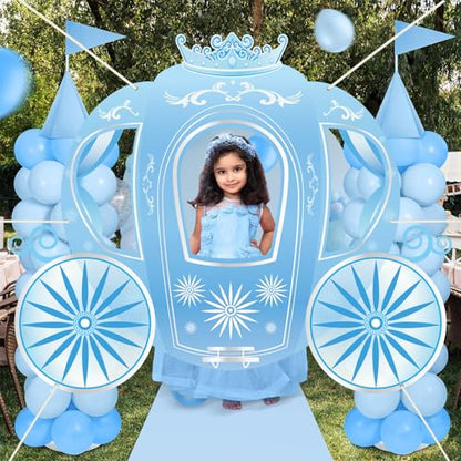 Snowflake Princess Carriage Photo Prop Background Winter Wonderland Selfie Frame Photography Blue Carriage Backdrop Banner 63" Fairy Tale Photo Booth for Winter Snow Holiday Birthday Party Decoration