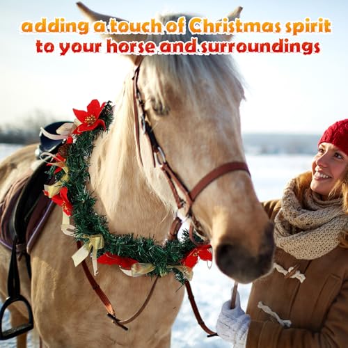 Dingion Christmas Wreath Horse Christmas Horses Neck Garland 16.9 Inches Artificial Outdoor Garland Horse Costume Rustic Farmhouse Decor for Xmas Holiday Party Parades Supplies(Poinsettia Style) - style: Poinsettia Style