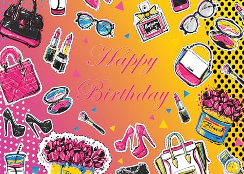 Happy Birthday Backdrop Girl Birthday Photography Background Lipstick Cosmetic High Heels Birthday Party Decorations Banner Photo Supplies Studio Props LHC138 7X5FT