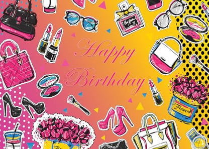 Happy Birthday Backdrop Girl Birthday Photography Background Lipstick Cosmetic High Heels Birthday Party Decorations Banner Photo Supplies Studio Props LHC138 7X5FT