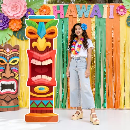 Yalikop 6 Ft Hawaii Tiki Cardboard Cutout Stand Up Photo Prop - Hawaiian Tropical Party Decorations Standee Tiki Totem Foam Board for Garden Yard Sign Decor Summer Luau Photography Background - style: Tiki Style 2