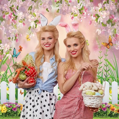 INRUI Spring Easter Garden Photography Backdrop Green Grass Lawn Floral Butterfly Fence Baby Shower Birthday Party Decorations Banner (8x10FT) - size: 8x10FT