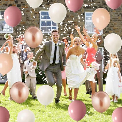 Retro Pink Balloons, 12 Inch Dusty Pink Metallic Gold White Balloons, Blush Beige Neutral Nude Chrome Champagne Gold Latex Balloon for Women Boho Birthday Wedding Baby Bridal Shower Party Mothers Day - color: Retro Pink White Gold