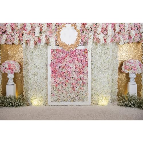 10x7ft Pink Flower Wall Photography Backdrop Proposal Ceremony Wedding Floral Photography Background Women Girl Birthday Party Bridal Shower Decor Banner Photo Booth Props - color: Pink White, size: 10x7ft