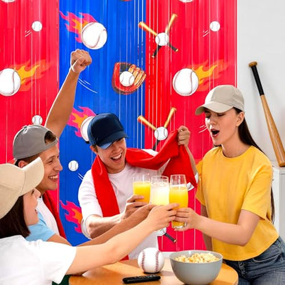 2Pack Baseball Backdrop Banner Baseball Birthday Party Decorations Supplies for Boys Kids, Sports Themed Party Decorations Blue White Red Tinsel Backdrop Foil Fringe Curtains Door Streamers