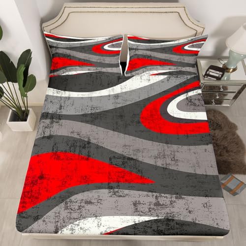 Feelyou Red and Gray Bed Sheets Set Abstract Art Sheet Set for Kids Boys Girls Teens Retro Circle Sheets with Deep Pocket Fitted Sheet Swirl Bedding Set 4Pcs with 2 Pillow Case Queen Size - color: Multi Aa04, size: Queen
