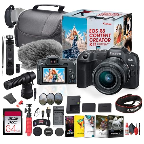 Canon EOS R8 Mirrorless Camera Content Creator Kit with RF 24-50mm f/4.5-6.3 is STM Lens (5803C037) + 64GB Memory Card + Photography Software + Filter Kit + LPE17 Battery + Charger + More