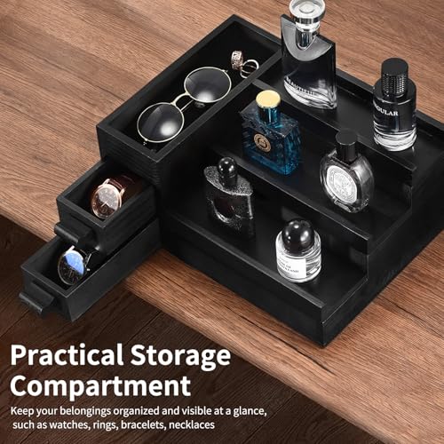 Perfume Stand Organizer for Men, 3 Tier Perfume Display Shelf with Velvet Lining Drawer and Hidden Compartment,Display Risers (Black - 2 Drawer) - style: 2 drawer - Black