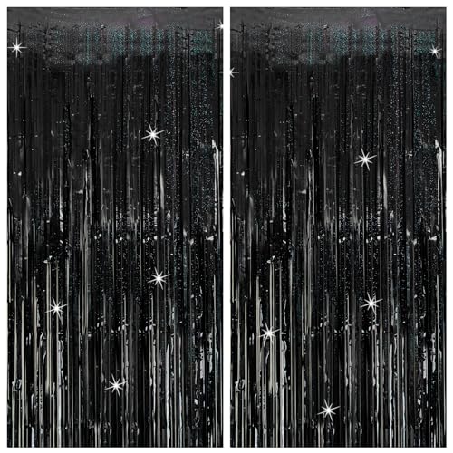 Tinsel Curtain Backdrop Black Birthday & Wedding Decorations 2 Packs Glitter Foil Fringe Curtain Decor Streamers Photo Booth for Christmas & Halloween - color: Black, size: 2 Pack