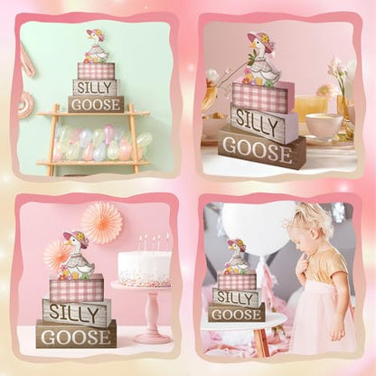 Yuntau 4 Pcs One Silly Goose Birthday Party Decoration Wood Silly Goose Table Sign Pink Baby Shower Tiered Tray Decor Tabletop Centerpieces for First Birthday Baby Shower Home Shelf Office - style: Goose