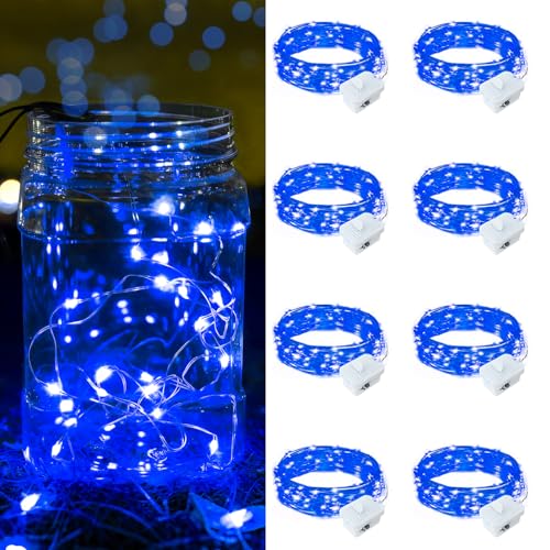 8 Pack Blue Fairy Lights Battery Operated, 7ft 20 LED Mini String Twinkle Lights for Christmas Halloween Mason Jars Party Centerpiece Table Decorations (8, Blue) - color: Blue
