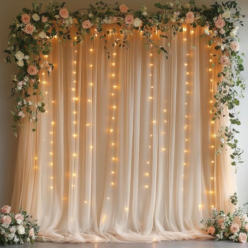Champagne Tulle Backdrop Curtain with Lights - 10x10ft Sheer Backdrop with 300 LEDs for Wedding, Baby Shower, Bridal Shower, Birthday Party Photo Shoot Background and Home Decorations - color: Champagne, size: 10 x 10 Feet