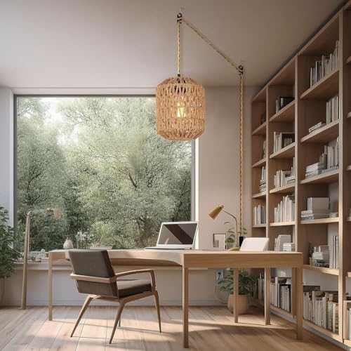 Plug in Pendant Light, Industrial Hanging Light with Plug in Cord Hemp Rope On/Off Switch Farmhouse, Vintage Pendant Light Fixture, Hanging Lamps for Dining Room - color: 7 IN Rattan