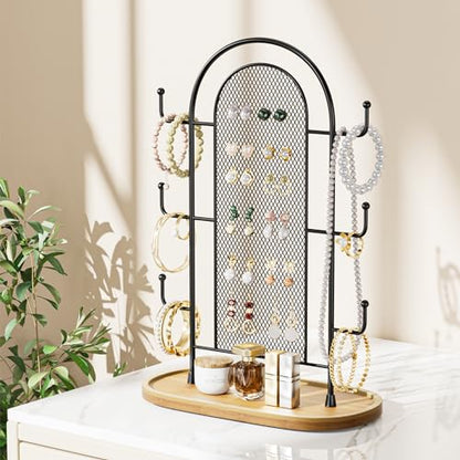 bussdis Jewelry Holder Organizer Earring Display - Stands Earring Storage Earring tree Hanger Jewelry Towers Rack with 6 Hooks 300 Stud Holes Wood Tray for Necklaces Bracelets Rings - color: Black