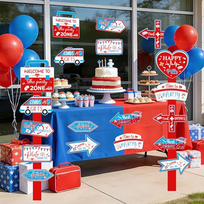 20PCS Ambulance Birthday Decorations Signs Emergency Vehicle Nurse Party Supplies Directional Sign for Hospital Doctor Nurses Graduation Party Supplies Wedding Photo Booth Props - style: Ambulance