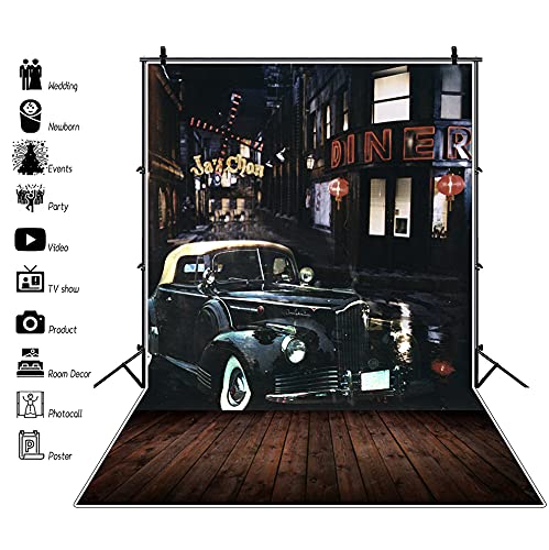 AOFOTO 6x8ft Artistic Background Photography Backdrops Vintage Car Street Buildings Wooden Floors Boys Child Adult Portrait Scene City Studio Props Video Girl Photo Shoot - size: 6x8ft