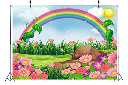 BELECO 10x8ft Fabric Rainbow and Sun Backdrop Enchanting Flowers Garden with Rainbow Cartoon Spring Photography Backdrop for Party Decoration Birthday Kids Boy Girl Baby Shower Photoshoot Photo Props - size: 10x8FT