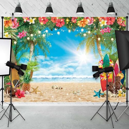 7x5FT Polyester Fabric Summer Beach Hawaiian Backdrop Seaside Tropical Flower Palm Leaves Surfboard Photography Background for Luau Aloha Party Decoration Banner Picture Photo Booth - size: 7'x5'