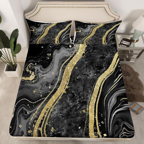Erosebridal Black Marble Twin Bed Sheets for Kids Boys Girls Teens - Modern Chic Geometric Sheet Set Marbling Aesthetic Bedding Set Liquid Metallic Texture Sheets - color: Black, size: Twin