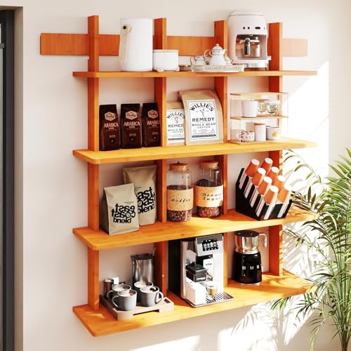 Bookshelf 4 Tier Wall Mounted Book Shelf, Space-Saving Floating Bamboo Bookcase Heavy Duty 600lbs, Storage Display Shelf for Living Room Bedroom Office, 43" W x 52" H