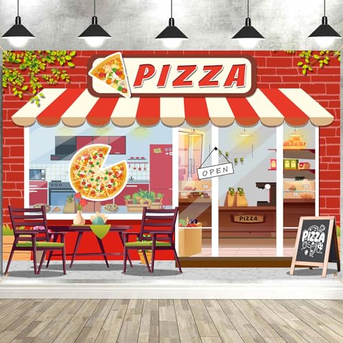 Pizza Shop Backdrop Kids Cooking Theme Vintage Pizzeria Photography Background Baby Shower Boys Girls Birthday Party Cake Table Decor Banner Portrait Photo Booth Studio Props 9x6ft FU029DX - size: 9x6ft
