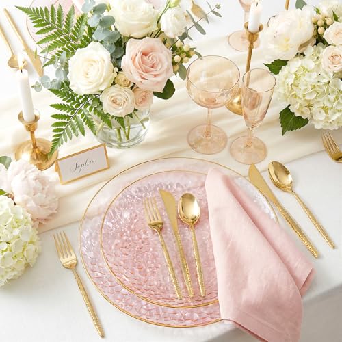 I00000 150Pcs Clear Pink Plastic Plates with Gold Rim,Pink Disposable Plates,Clear Hammer Patterned Disposable plates Set include 30 Dinner Plate,30 Dessert Plate,90 Plastic Silverware Set for Party - color: Clear Pink