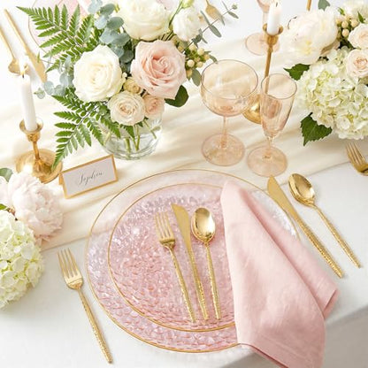 I00000 150Pcs Clear Pink Plastic Plates with Gold Rim,Pink Disposable Plates,Clear Hammer Patterned Disposable plates Set include 30 Dinner Plate,30 Dessert Plate,90 Plastic Silverware Set for Party - color: Clear Pink