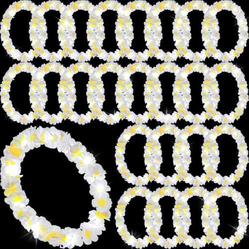 Sherr 24 Pcs LED Leis Light Up Wedding Hawaiian Leis Flower Necklace with LED Lights Beach Tropical Carnival Party Wedding Supplies Luau for Masquerade - color: white and yellow