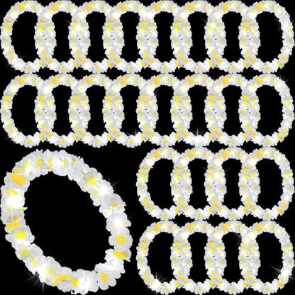 Sherr 24 Pcs LED Leis Light Up Wedding Hawaiian Leis Flower Necklace with LED Lights Beach Tropical Carnival Party Wedding Supplies Luau for Masquerade - color: white and yellow